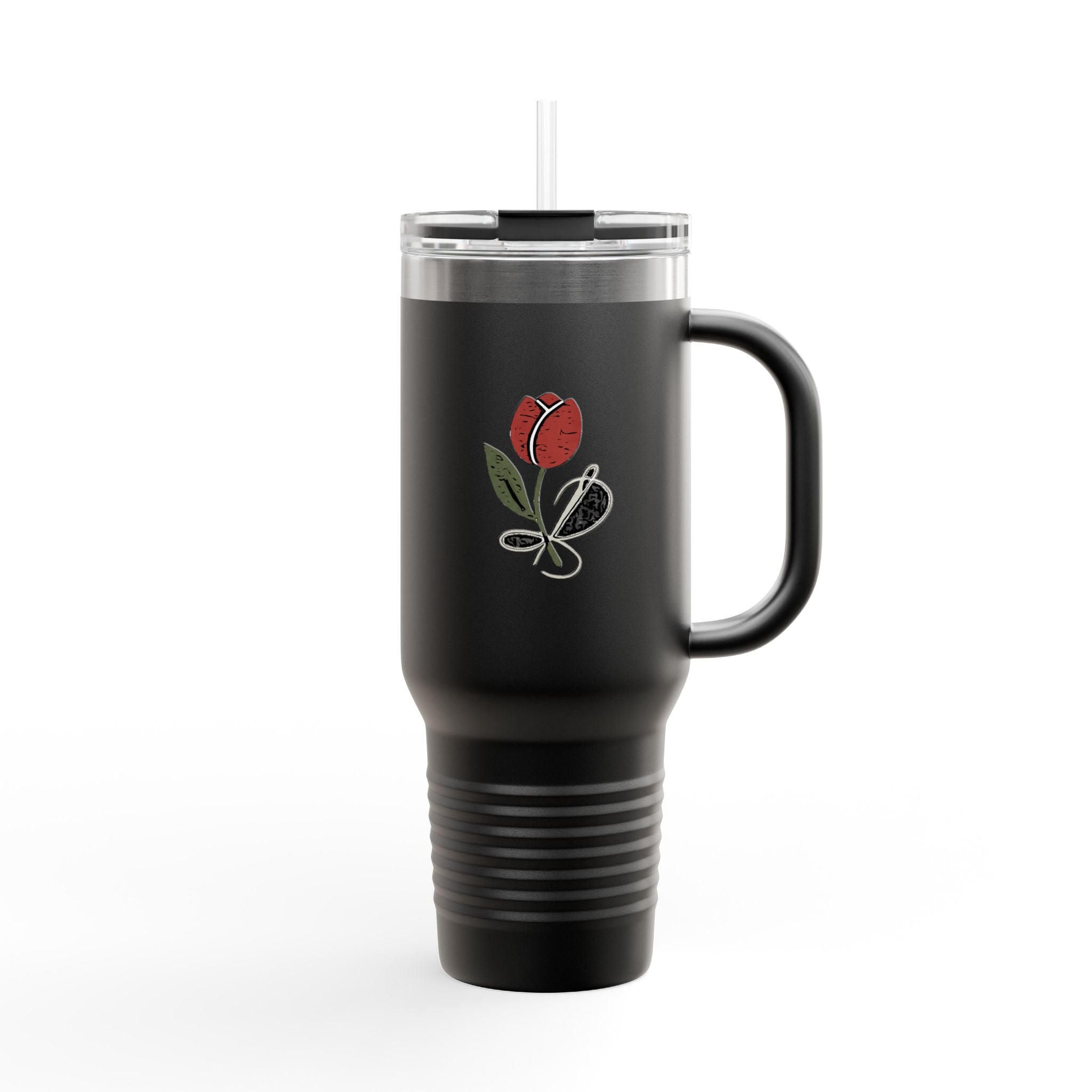 Tulip & Thread sketch logo 40oz Insulated Travel Mug – Spill‑Proof Tumbler with Handle & Straw