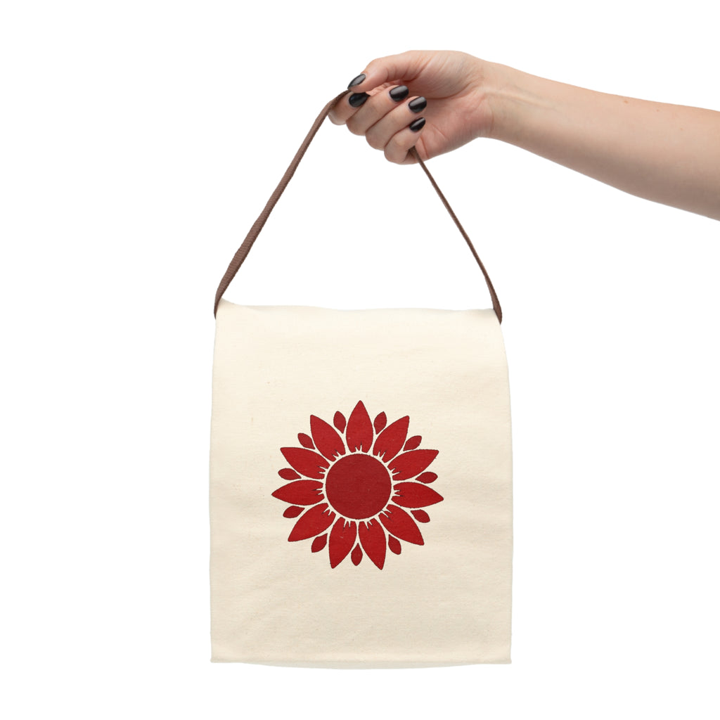 Canvas Lunch Bag — Red Sunflower Print with Strap