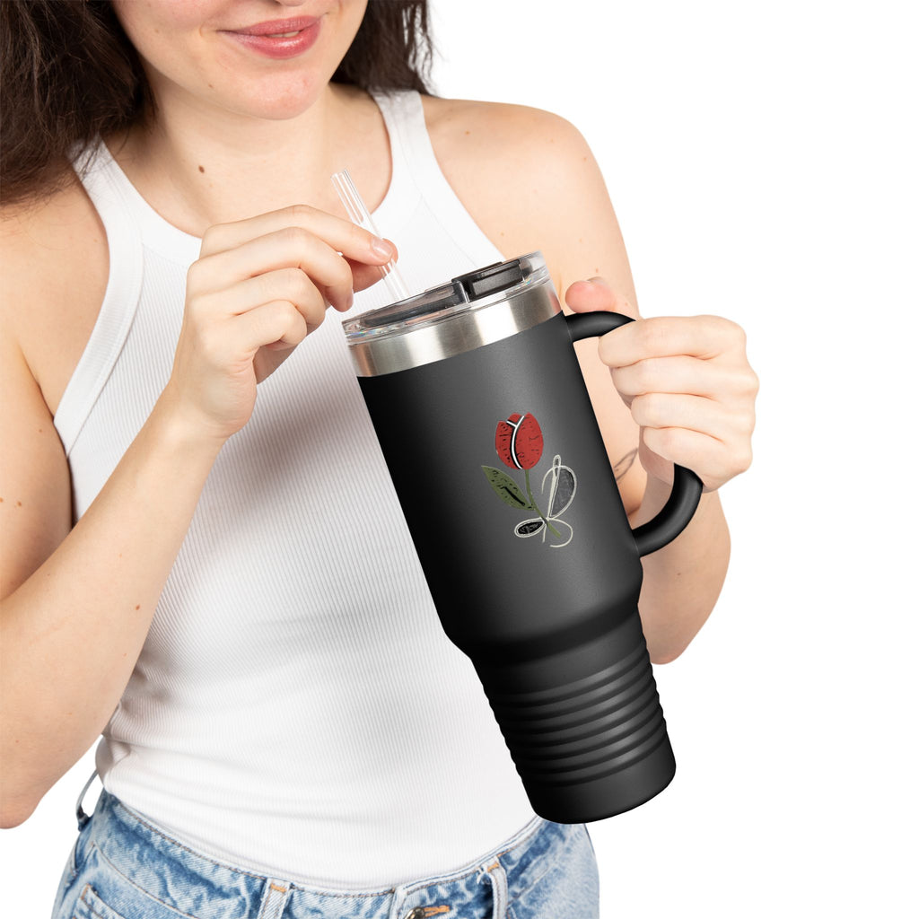 Tulip & Thread sketch logo 40oz Insulated Travel Mug – Spill‑Proof Tumbler with Handle & Straw
